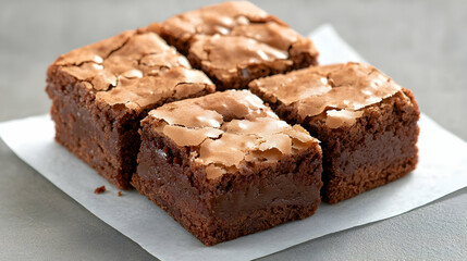 Four chewy brownies on parchment paper.  Food photography for recipe websites