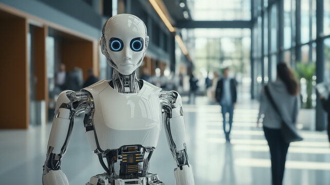 Futuristic ai machine learning robot at industrial automation event exploring algorithmic bias and social justice