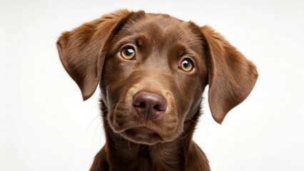 Portrait of a dog with a curious expression, capturing its playful nature on a white background