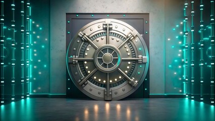 Secure Vault Door in High-Tech Environment with Futuristic Lighting and Metallic Finish