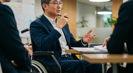 Meeting, office and business people with Asian man in wheelchair, discussion and planning for team work. Disability, collaboration and accessibility with employee in conference or workshop