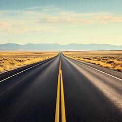 Fototapeta premium Road to the Horizon: An endless road stretches towards a distant mountain range under a clear, expansive sky, evoking feelings of freedom and adventure.