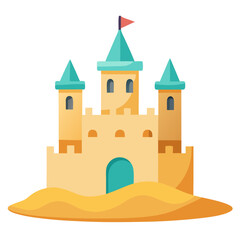 This sandcastle showcases intricate towers and a flag atop its peak. Set against a crisp white background, it highlights the creativity and fun of beach days