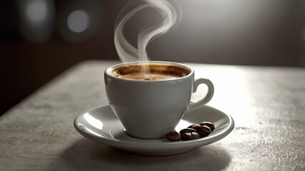 Obraz premium Rich Espresso with Thick Crema Steaming on White Table – Coffee Perfection