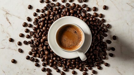 Obraz premium Rich Espresso with Thick Crema Steaming on White Table – Coffee Perfection