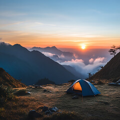 Camping under Sunrise: Capture the serene beauty of a campsite nestled in the mountains as the sun rises. The tent glows warmly against the backdrop of layered peaks, clouds, and the golden light.