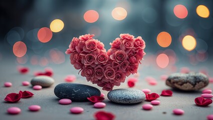 Romantic pink rose heart shaped arrangement with petals and stones on a blurred backdrop