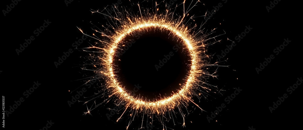 Poster concentric circular spark patterns create a radiant design against black background
