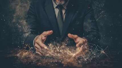 Businessman analyzing data trends with visual effects office environment digital art