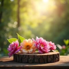 Exquisite Blooms Enhanced by Flash Lighting on Wooden Podium