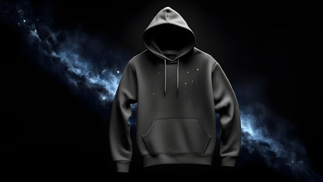 Dark gray hooded sweatshirt mockup with subtle star pattern against a dark blue nebula background.