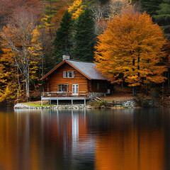 Obraz premium Autumn Cabin by the Lake: A charming wooden cabin nestled amidst vibrant autumn foliage, mirrored in the tranquil waters of a lake, offers a serene escape into the heart of nature.