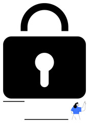 Oversized black padlock with a small individual gesturing upward. Ideal for cybersecurity, privacy, data protection, encryption, user access, safety, and digital technology concepts. Abstract line