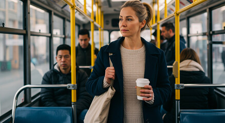 Woman, bus and commuting with coffee, travel and public transport. Person, urban and city life with transportation, daily routine and passenger for mobility