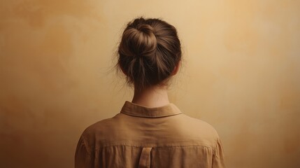 Woman with brown hair in casual beige outfit standing against warm backdrop