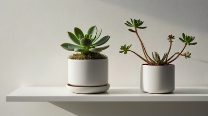 Fototapeta premium Simple Potted Succulent on a White Shelf – Minimalist Home Decor Style