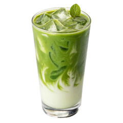 Tall vibrant green matcha latte with ice for refreshing energy.