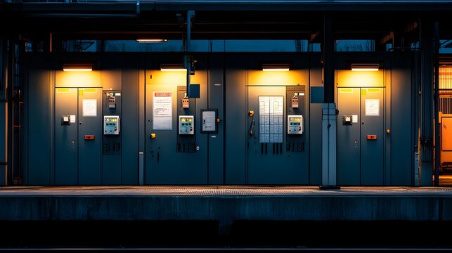 A row of electrical panels with a blue screen on the left. The blue screen has the time of 11:00