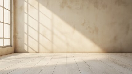 Minimalistic beige interior with soft sunlight and wooden flooring
