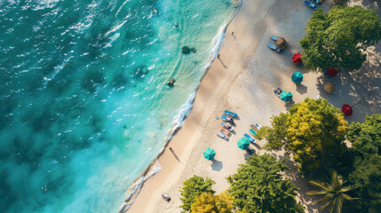 Aerial View of Tropical Beach with Umbrellas  