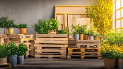Workshop with Wooden Pallets and Green Plants