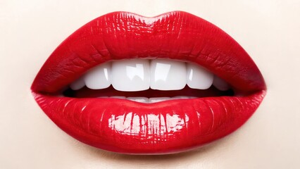 Obraz premium Close-Up of Red Lips with White Teeth in a Smiling Expression on a White Background