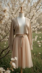Obraz premium Sophisticated beige cardigan and skirt ensemble showcased against a backdrop of white blossoms