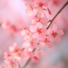 Obraz premium Blooming Beauty: Captivating close-up of delicate pink cherry blossoms on a branch, showcasing intricate details and soft hues, evoking a sense of springtime serenity and natural elegance.