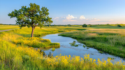 Fototapeta premium Prairie landscape, tree, stream, sunset, tranquil nature scene, pastoral