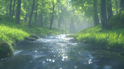 Sunny stream flows through lush green forest