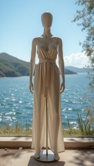 Sleek beige jumpsuit with tie waist on mannequin standing by a serene lakeside with mountains in the background