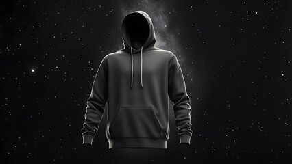 Fototapeta premium Dark gray hooded sweatshirt mockup against a starry night sky background.