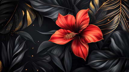 Tropical black leaves and exotic red flower on dark background vector poster Beautiful botanical design with tropic jungle plant golden inscription Wedding ceremony invitation card, christmas greeting