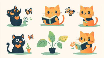 Cute pets characters, cats and kittens in different poses. Vector cartoon set of funny kitties reading, sitting in box, scared of banana and spray, hunting butterfly, with house plant