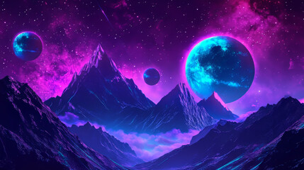 Futuristic cyber background with abstract neon glow blue and purple 3d wireframe mountain map with planets in space and bright light triangle. New retro wave, techno and synthwave cosmic bg.