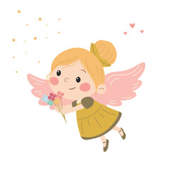 Cute little fairy princess with a bouquet of flowers. Vector  Flat vector illustration in children's style. 