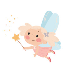 Cute little fairy flying with magic wand, cartoon vector illustration isolated on white background.