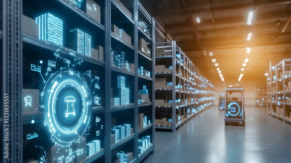 Aufkleber Ultra modern warehouse equipped with AI controlled storage racks smart picking robots and self driving carts seamlessly organizing and transporting packages