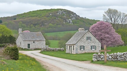 Obraz premium A rural stone church with a rustic wooden cross in front, surrounded by spring blossoms