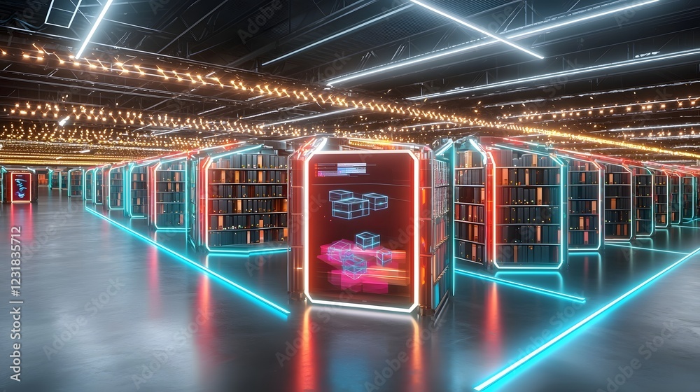 Leinwandbilder Futuristic and fully automated cyber warehouse with holographic real time inventory tracking robotic sorting systems