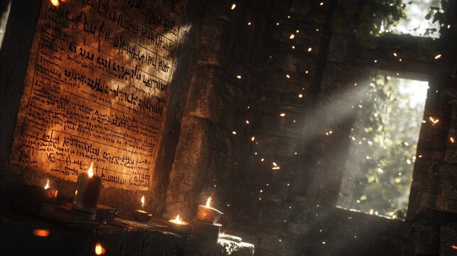 Ancient Aramaic manuscript of the Book of Enoch in a dimly lit, sacred setting