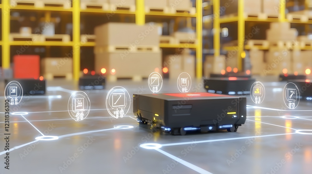 Poster automated warehouse featuring intelligent robotic pickers seamless holographic logistics tracking and AI driven real time inventory control