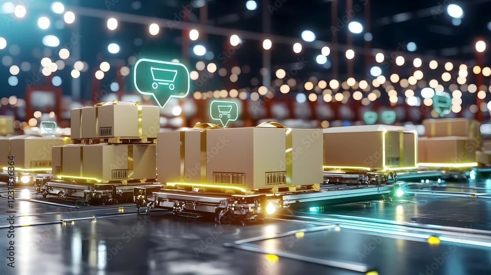 Poster automated warehouse showcasing intelligent robotic pickers seamless holographic logistics tracking and AI driven real time inventory control