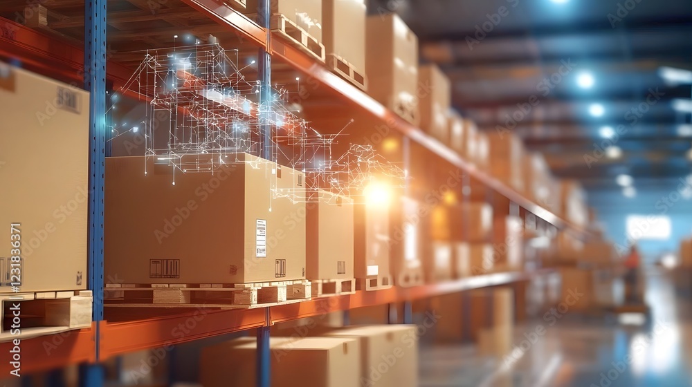 Poster Cutting edge automated warehouse featuring intelligent robotic pickers seamless holographic logistics tracking and AI driven real time inventory control  Showcasing a neon lit