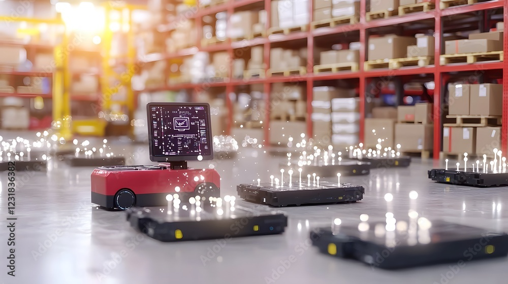 Poster High tech smart warehouse filled with interconnected cybernetic logistics robots holographic AI driven tracking displays and neon lit conveyor systems