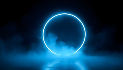 A glowing crescent circle made of neon lights, in shades of white and sky blue, surrounded by a misty atmosphere, set against a dark background with a reflective surface.
