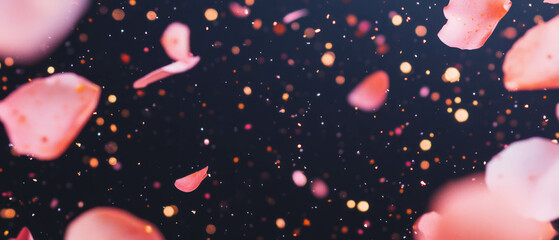 Elegant confetti overlay texture with rose gold accents on a black background