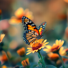 Fototapeta premium Monarch Butterfly on Flower: A vibrant monarch butterfly with striking black, orange, and white markings perches delicately on a daisy, surrounded by a field of yellow blossoms.