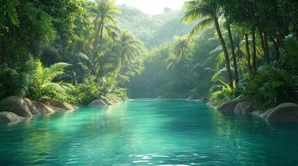 Naklejka premium Exploring tranquil river serenity amidst lush tropical forest nature photography landscape