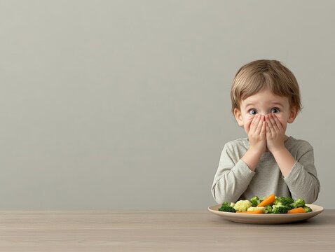 Сapricious young boy sitting at the table with a plate of vegetables, picky eater concept for healthy lifestyle 6
